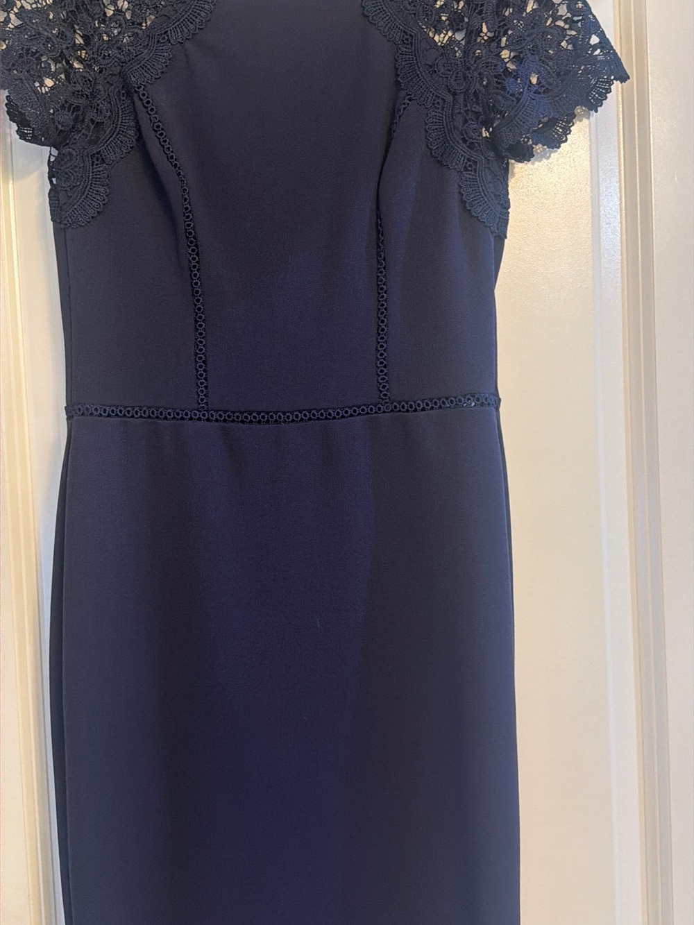 Elegant Navy Midi Dress with Lace Cap Sleeves